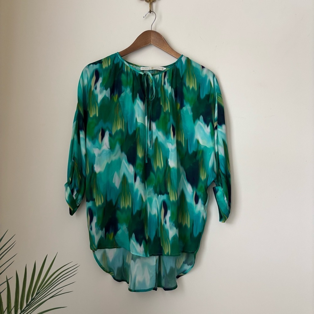 Marie Oliver Green Painterly Print Tie-Neck Silk Blouse XS